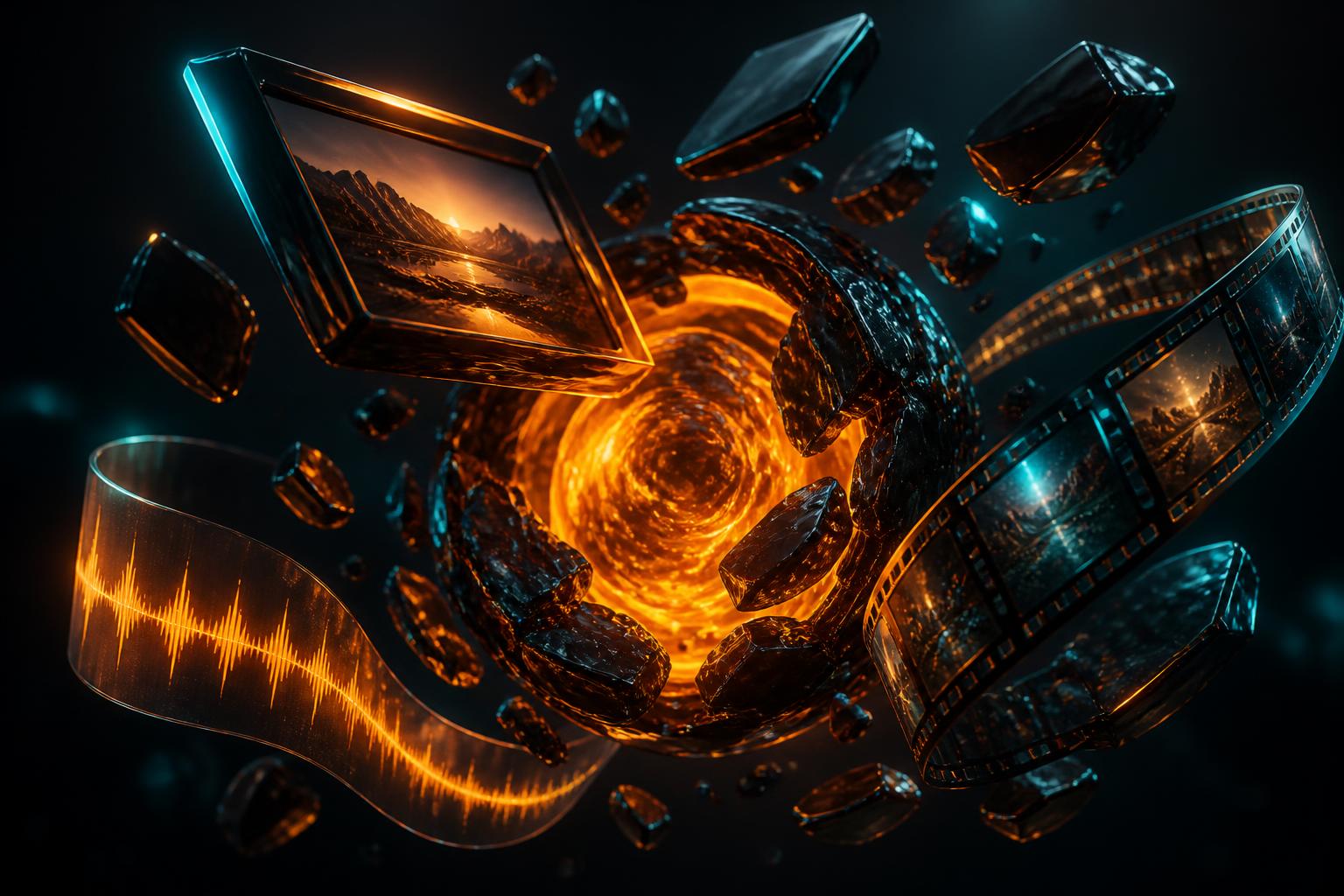 Molten AI forge core surrounded by generated images, film strips and an audio waveform
